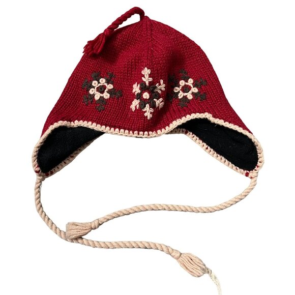 REI Red Brown Floral Crochet Tassel Wool Blend Beanie Hat Womens One Size - Picture 1 of 5